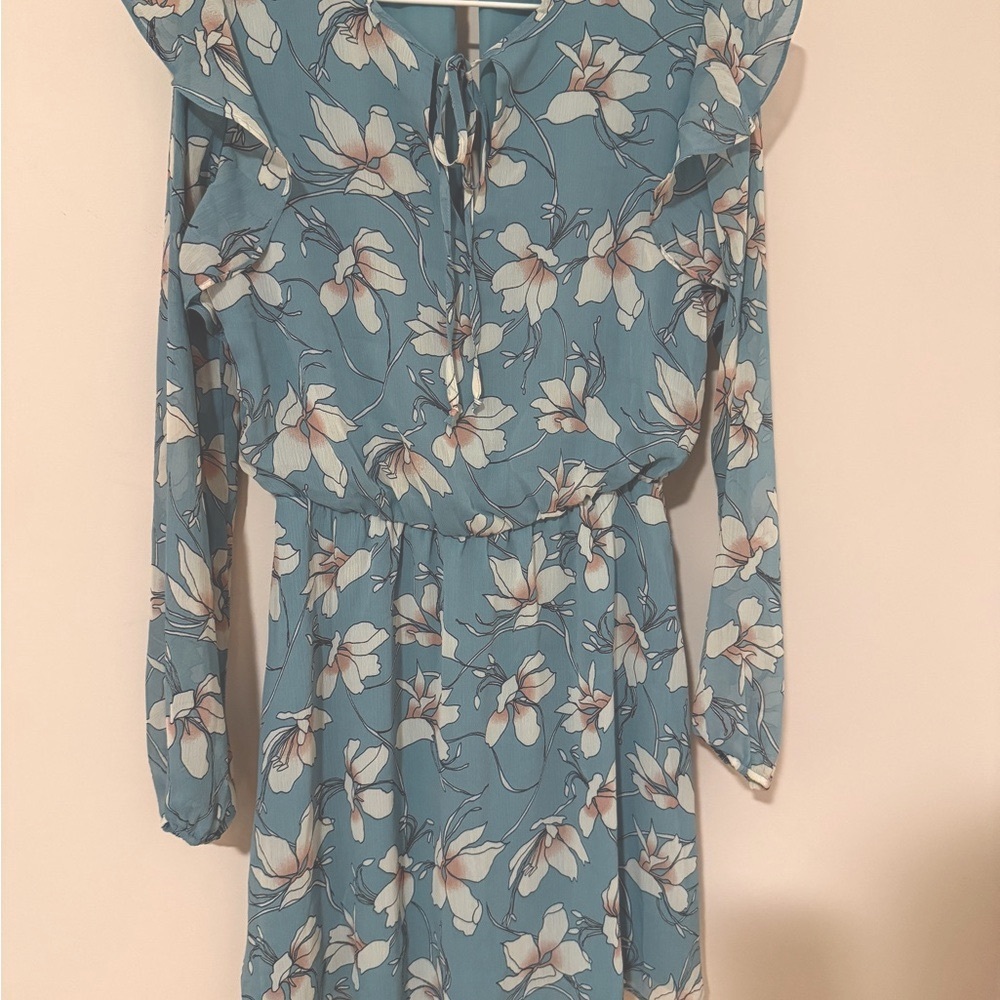 Charles Henry Blue Floral Tie-Neck Dress